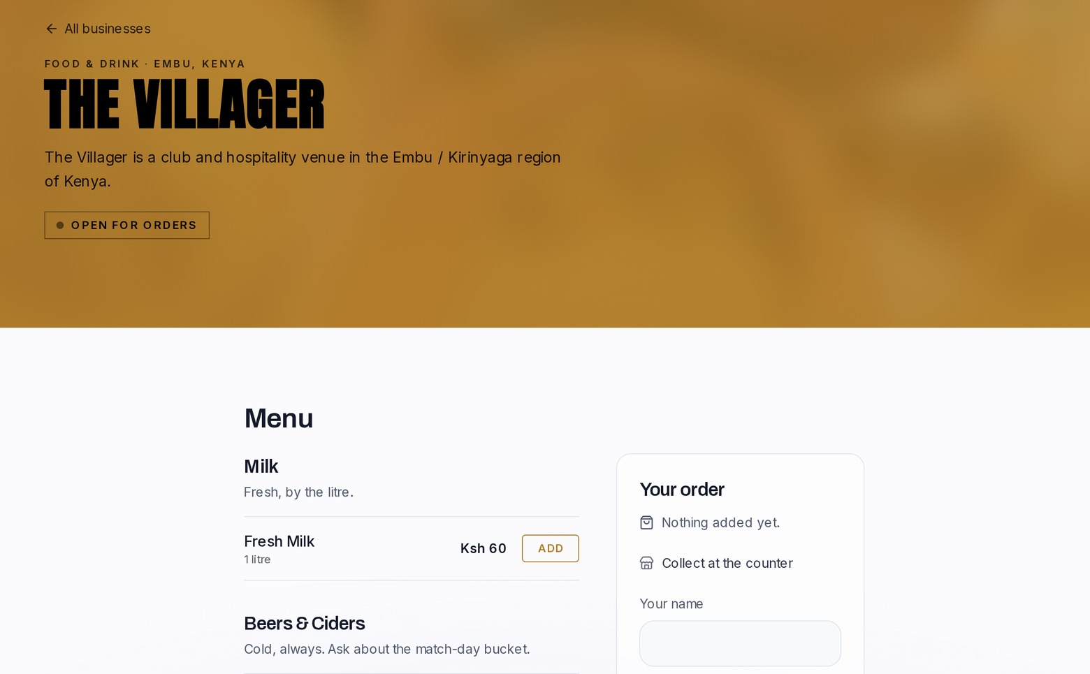 The Villager on BizMtaani: a food and drink venue in Embu, Kenya, marked open for orders above a priced menu.