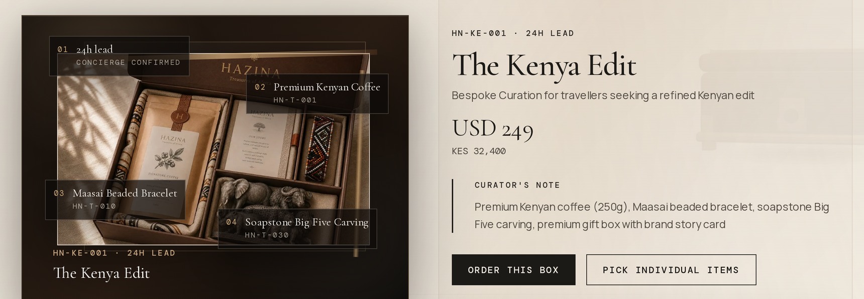 Hazina Nomads: an annotated photograph of a curated Kenyan collection beside a curator's note.