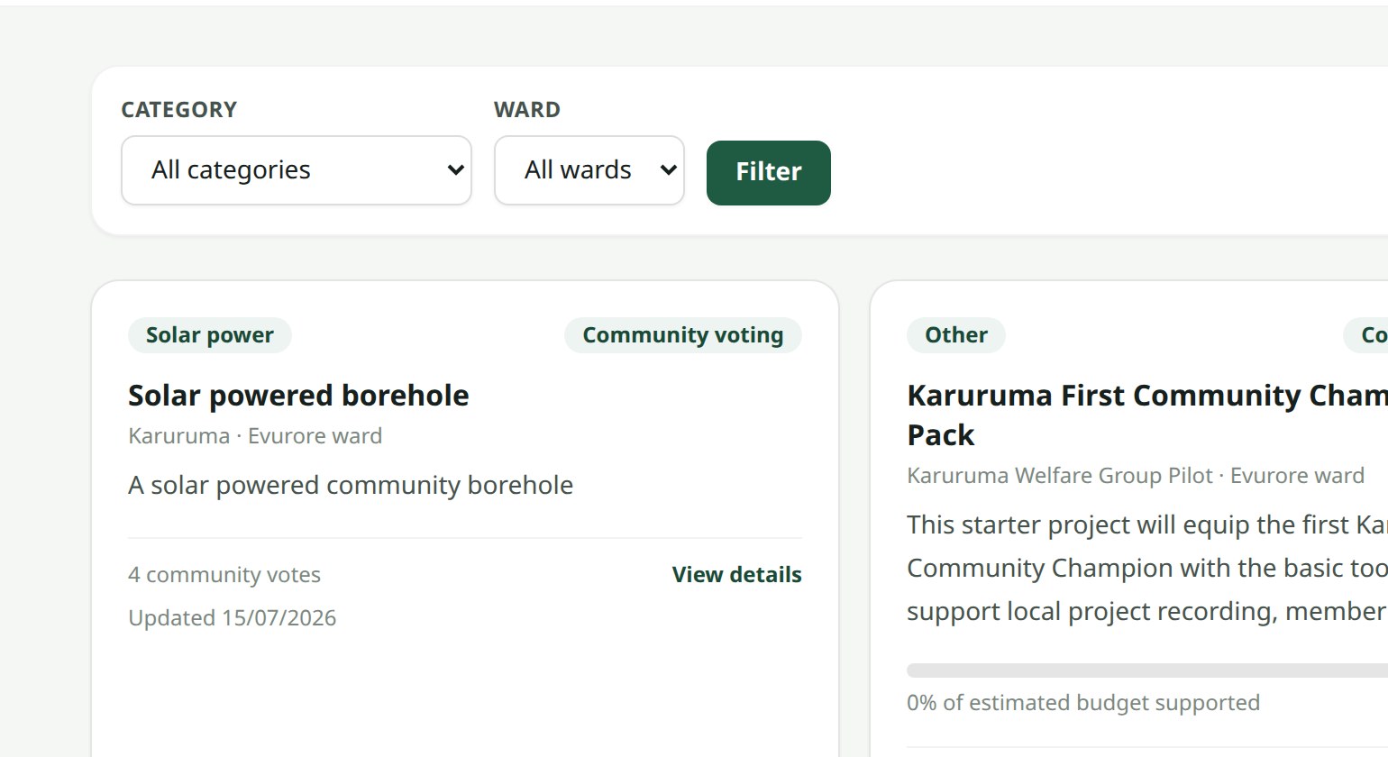 Jamii Projects Hub: community project records open for public voting.
